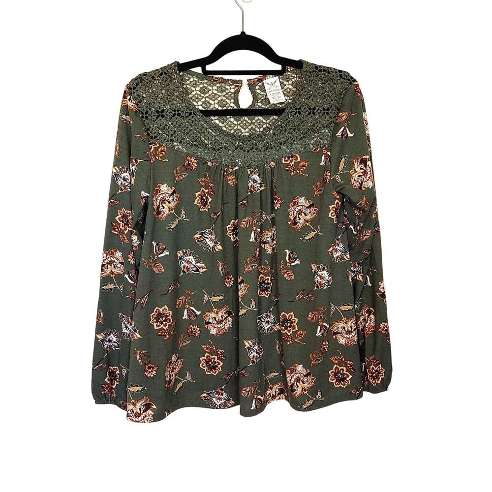 Faded Glory Size Large L Dark Green Floral Blouse Lace Top Summer Fall
